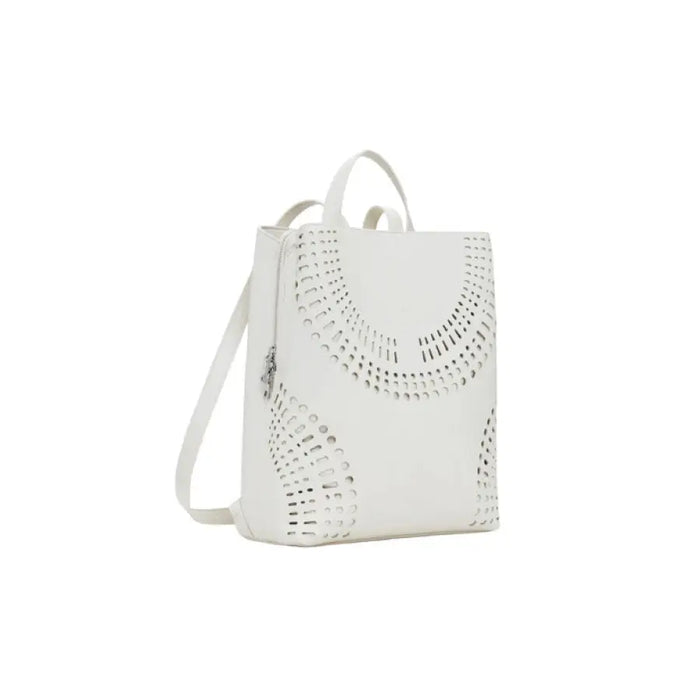 White faux leather backpack with intricate laser-cut design showcasing elegance and style