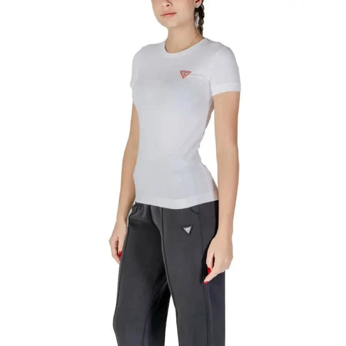 White fitted Guess Women T-Shirt featuring a small logo on the chest