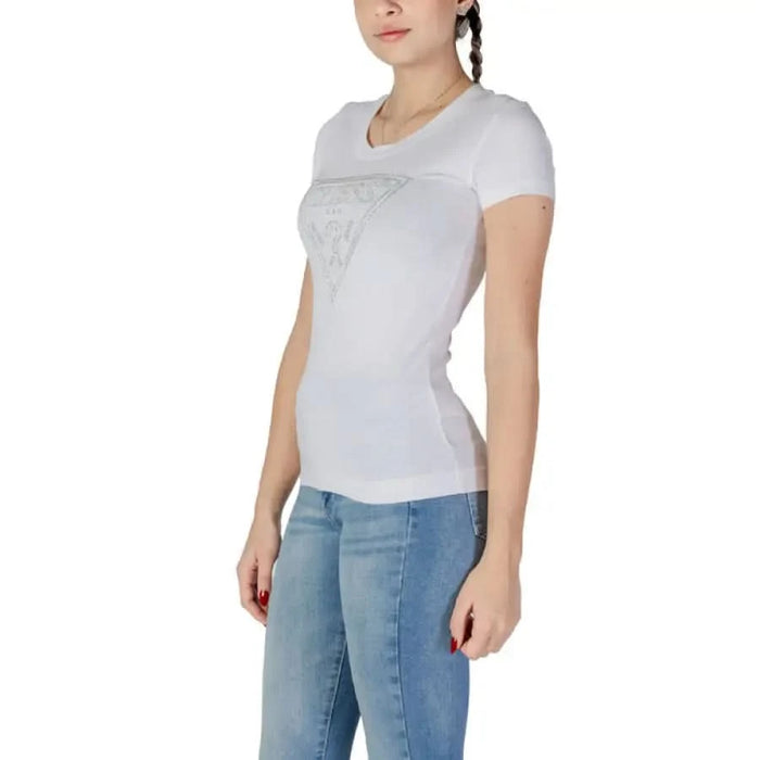 White fitted Guess Women’s Round Neck T-Shirt with short sleeves and subtle front design