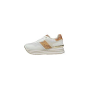 White and gold platform sneaker featuring tan map-patterned accents and gold-tone heel detail shown from back side