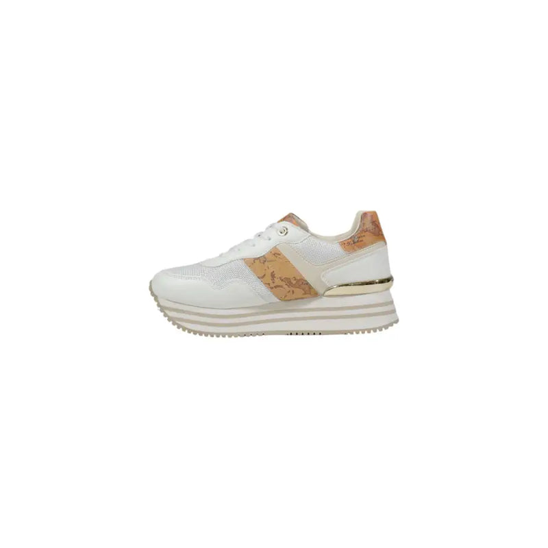White and gold platform sneaker featuring tan map-patterned accents and gold-tone heel detail shown from back side