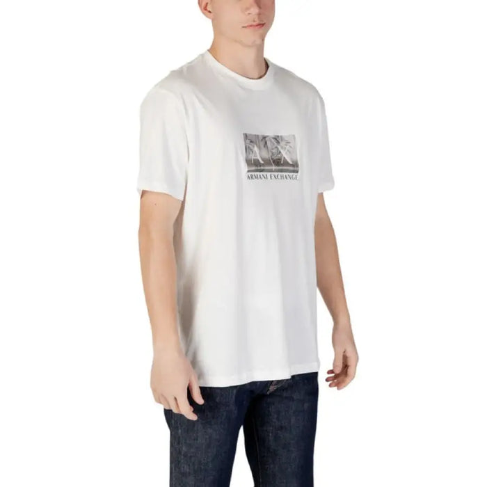Armani Exchange Men White T Shirt with Print displayed on a neutral background