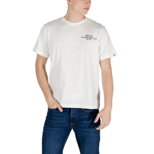 White crew neck T shirt featuring a motorcycle graphic design