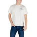 White crew neck T shirt featuring a motorcycle graphic design