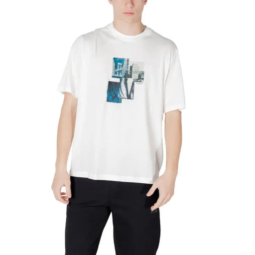 White graphic tee shirt displayed prominently, featuring modern design and comfortable fit