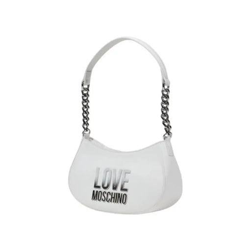White shoulder bag with chain straps displayed in a stylish product image
