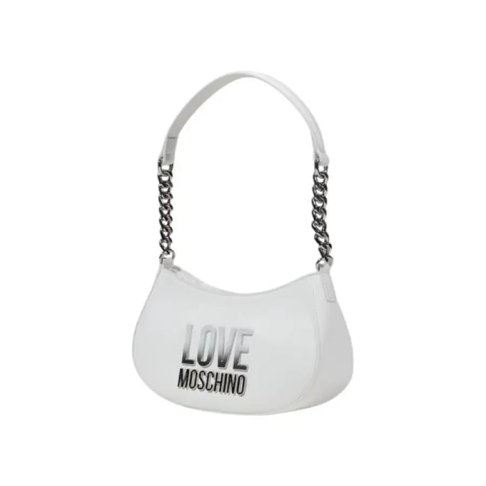 White shoulder bag with chain straps displayed in a stylish product image