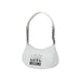 White shoulder bag with chain straps displayed in a stylish product image