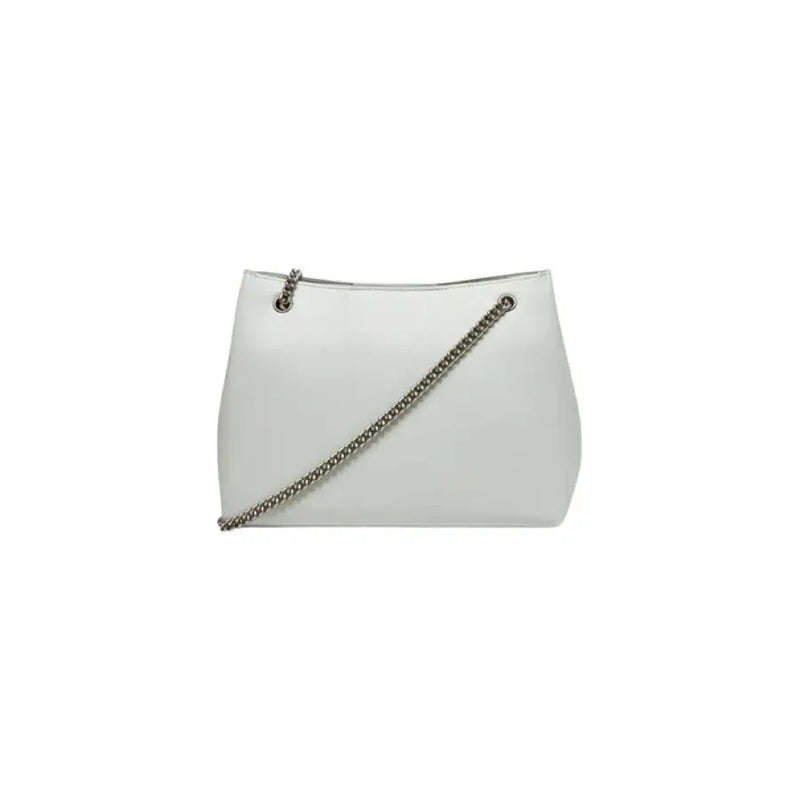 White Calvin Klein tote bag with silver chain strap for stylish accessorizing
