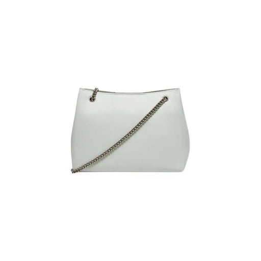 White Calvin Klein tote bag with silver chain strap for stylish accessorizing