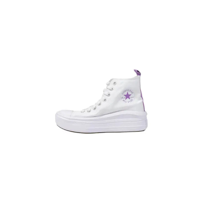 White high-top Converse sneaker with purple accents for stylish footwear