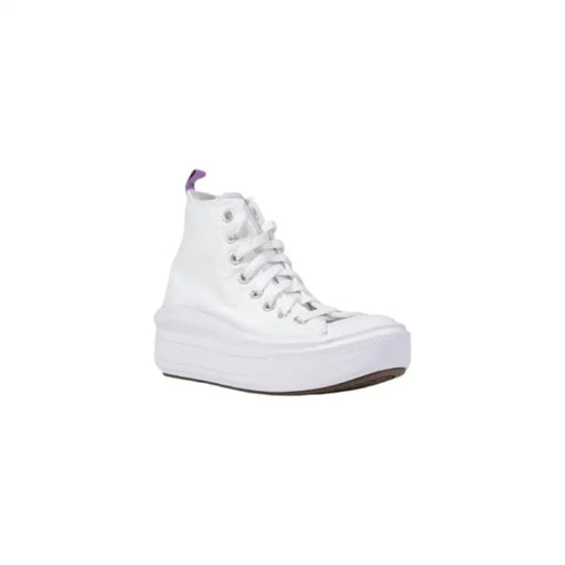 White high-top platform sneaker with purple accents for stylish comfort