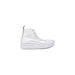 White high-top sneaker featuring purple accents, perfect for trendy casual wear
