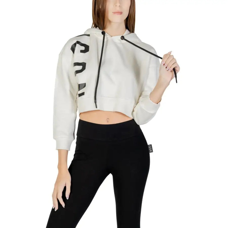 Off-white Sweat-shirt court à capuche pour femme en mélange de coton avec inscription noire sur la manche