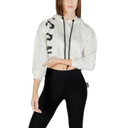 White hooded cotton blend sweatshirt for women with white cropped design bold black lettering on the sleeve and matching drawstrings