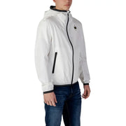 White hooded jacket with black trim showcasing modern design and versatile style