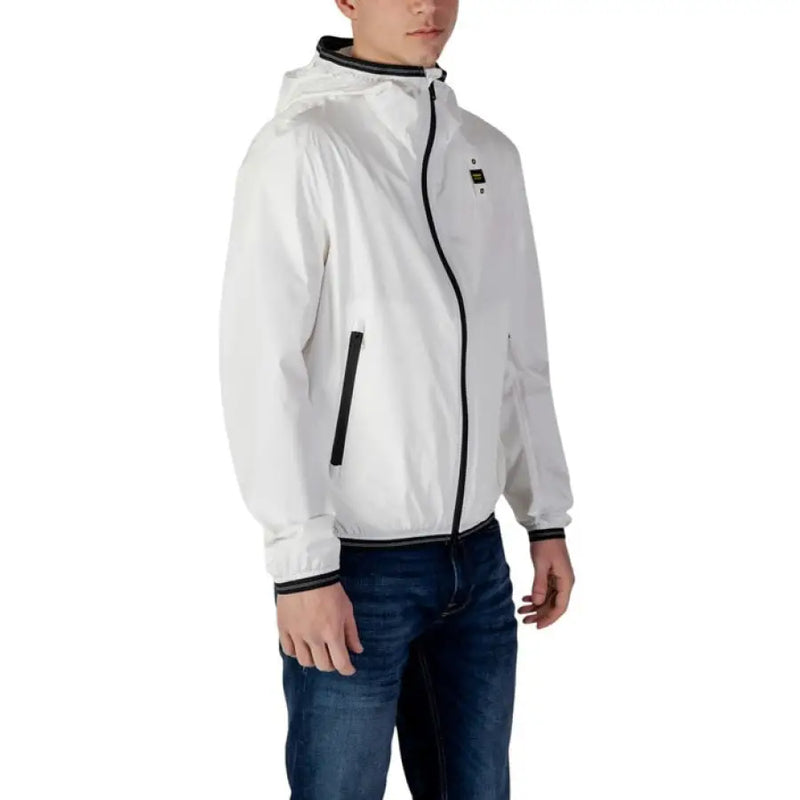 White hooded jacket with black trim showcasing modern design and versatile style