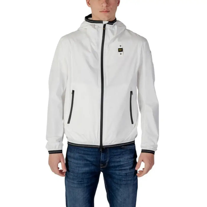 White hooded jacket with black trim showcased as a stylish outerwear option