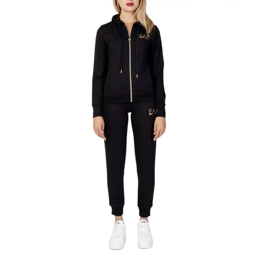 Black women’s full-zip hooded tracksuit with gold logo displayed in White Hooded Tracksuit product
