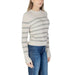 White knit sweater with gray stripes and long sleeves from Morgan De Toi Women’s Collection