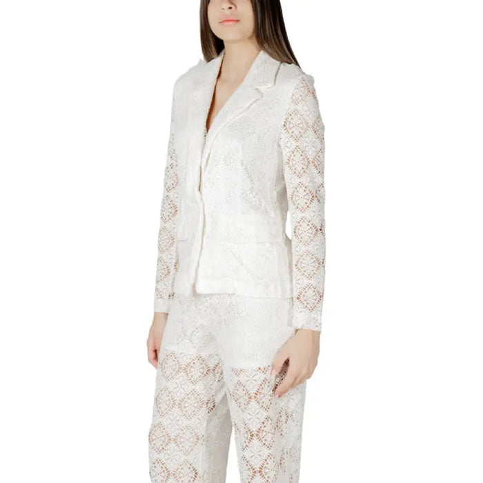 Elegant White Lace Blazer and Pants Set showcased in the product listing