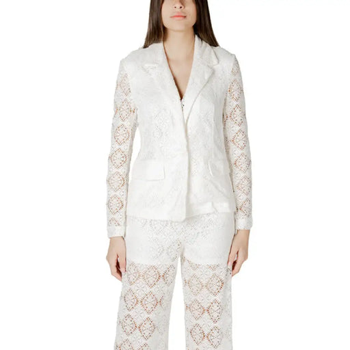 White lace blazer and matching pants set for elegant formal wear