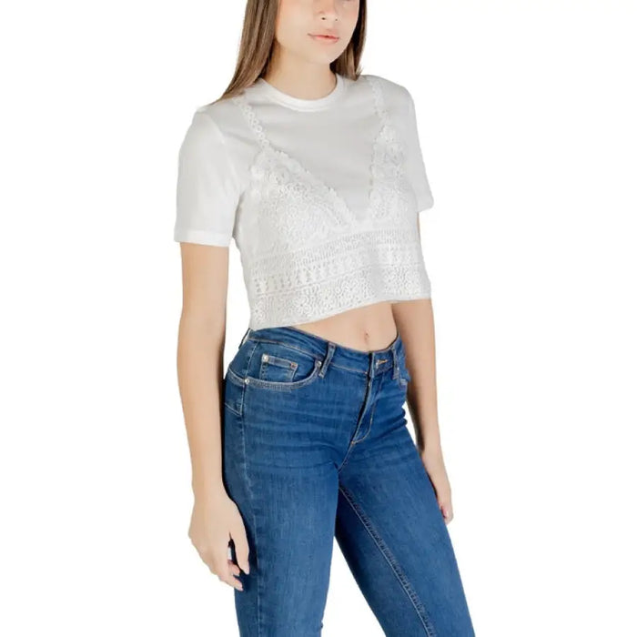White lace-trimmed crop top from Womens White Layered Top and Blue Jeans collection