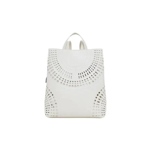 White laser-cut faux leather tote bag with intricate design for stylish use