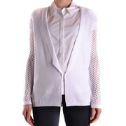 Light gray and white layered blouse with perforated mesh sleeves for sophisticated style