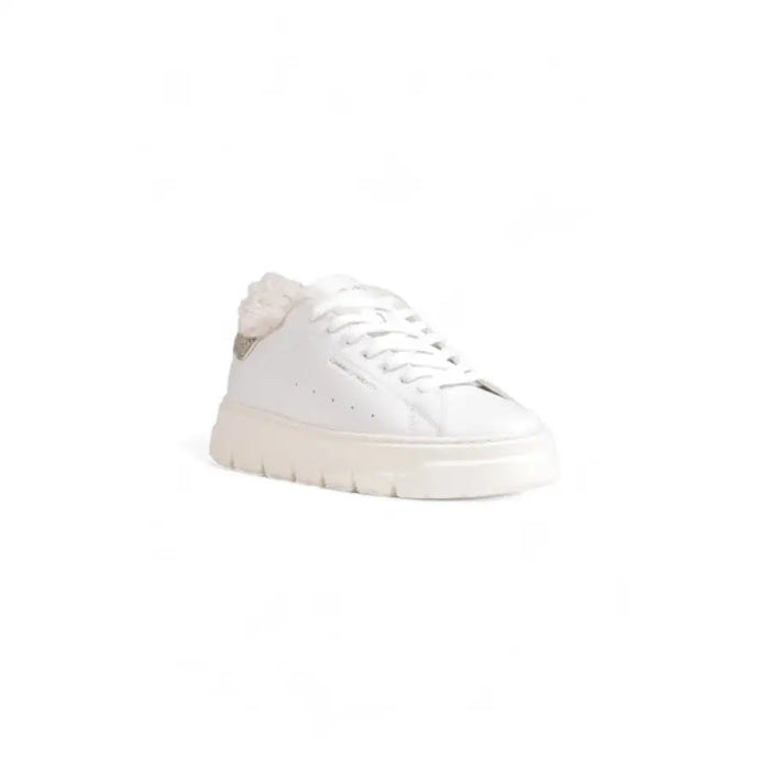White leather sneaker with glitter heel, stylish and comfortable footwear option