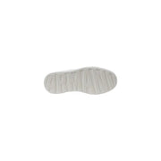 White leather sneakers with black heel accent showing the white rubber sole embossed with armani branding