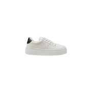 White leather low-top sneaker with black heel accent and embossed branding on the sole shown from the back side