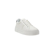 White leather low-top sneakers with a thick platform sole and subtle black heel accent shown from the back side