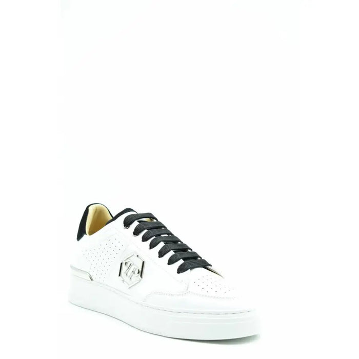 White leather women’s sneakers with black laces and metallic silver emblem for Philipp Plein Spring Summer collection