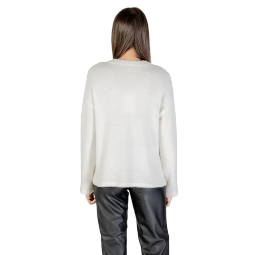 White fuzzy long-sleeve sweater for women from the White Long Round Neck Knitwear collection