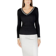 Pull en maille côtelée noire à manches longues et col en V pour femme, avec bordure blanche