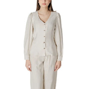 Beige viscose long-sleeve blouse for women with puffed shoulders v-neckline and button-up front