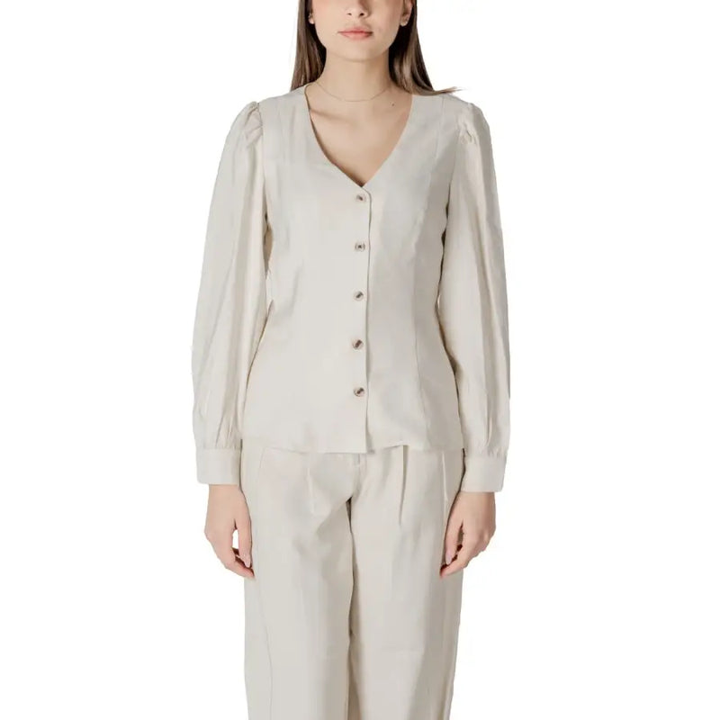 Beige viscose long-sleeve blouse for women with puffed shoulders v-neckline and button-up front