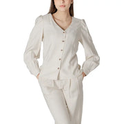 Cream-colored viscose long sleeve blouse for women with v-neckline and puffed shoulders