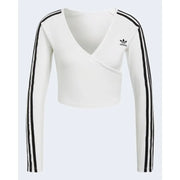 White long-sleeved Adidas crop top with black stripes, V-neck design for women
