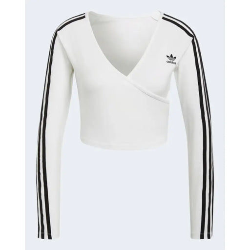 White long-sleeved Adidas crop top with black stripes, V-neck design for women