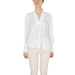 Rinascimento Women’s White V-Neck Long Blouse paired with beige pants for a stylish look
