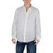 Armani Exchange Men’s White Linen Shirt featuring long sleeves and button-down design