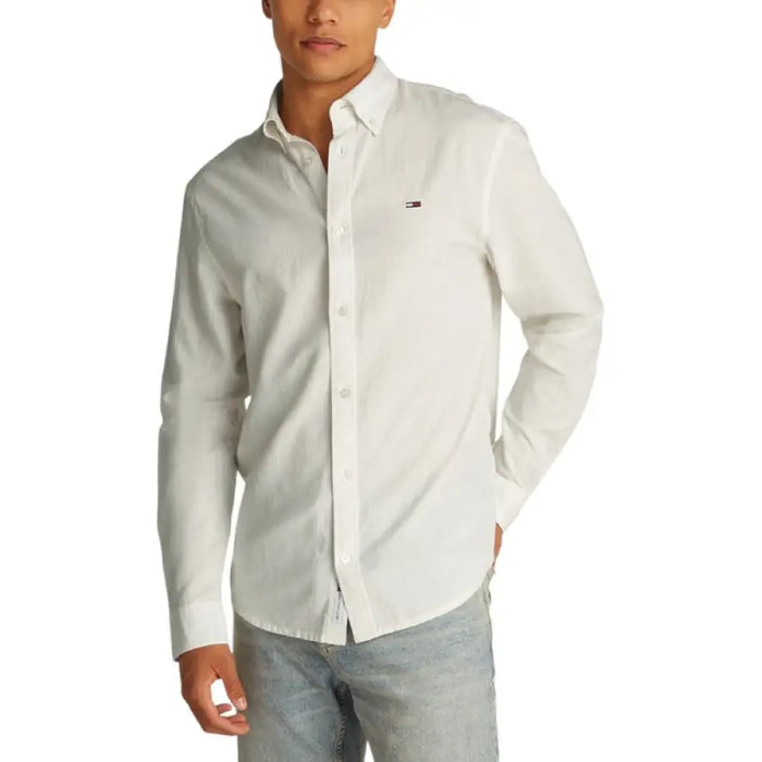 White long-sleeved button-down shirt for Men styled for casual and formal wear