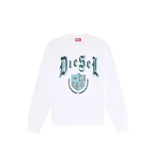 White long-sleeved Diesel sweatshirt displayed in a product image