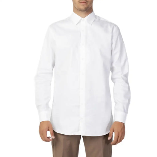 Light blue and white long-sleeved dress shirt displayed in a product photo