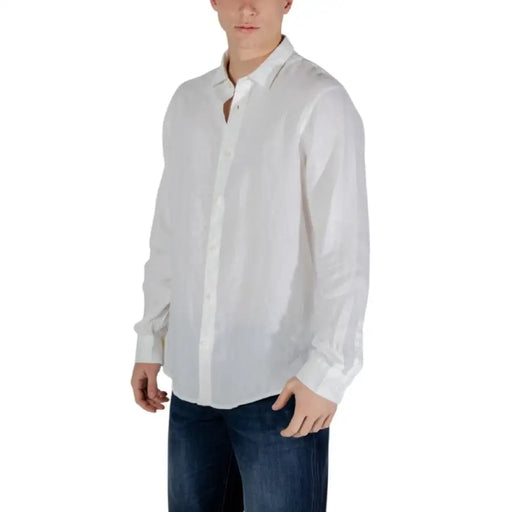 Armani Exchange Men’s White Linen Shirt featuring long sleeves and a crisp design