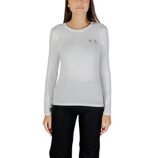 T-shirt blanc à manches longues et col rond T-shirt avec un petit logo AX noir pour Armani Exchange Femmes