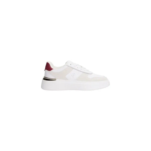 White and maroon women’s athletic sneaker with thick sole from Tommy Hilfiger for fall winter