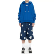 Off white men sweatshirt with hood single pocket light blue print blue hoodie with white bandana style sleeve patterns and logo